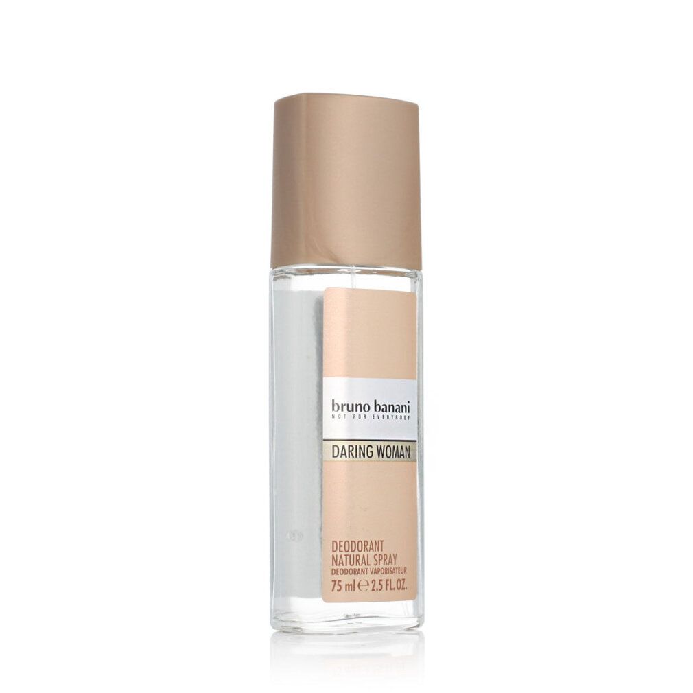Deo-Sprayflasche. Beige-farbener Deckel, transparente Flasche mit Etikett. Schriftzug: bruno banani, Daring Woman, Natural Spray.