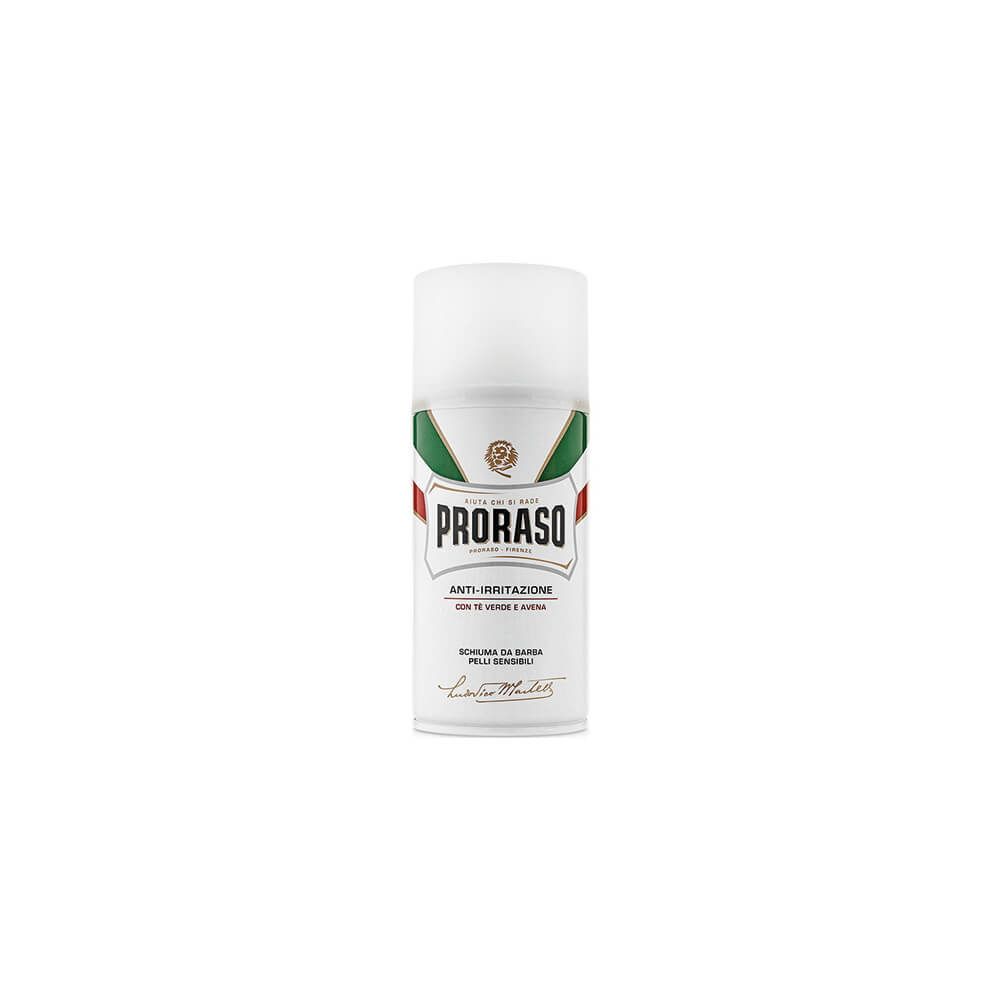 Proraso Rasierschaum sensitiv grüner Tee. Weiße Dose mit grün-roter Verzierung und dem Proraso-Logo. Text: Anti-Irritation, Con Tè Verde e Avena. Produkt für empfindliche Haut.