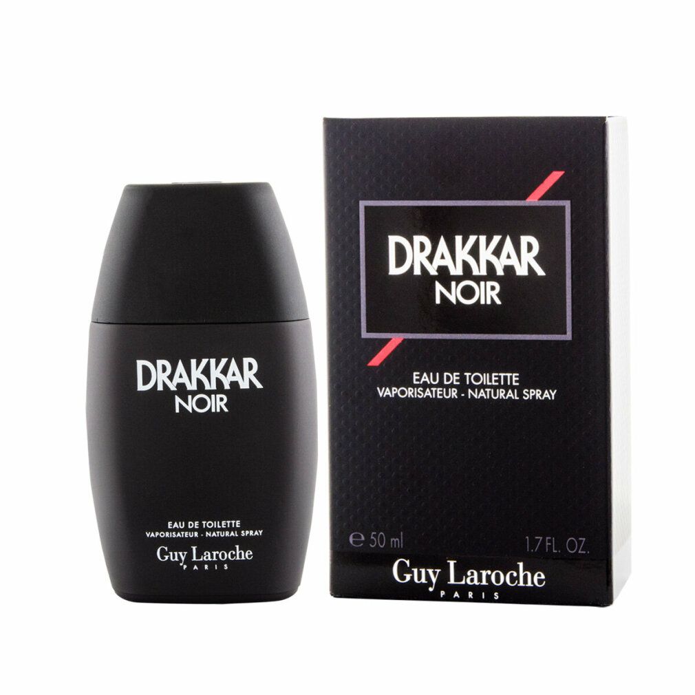 Schwarze Flasche und Verpackung von Drakkar Noir Eau de Toilette Spray. Text: Drakkar Noir, Eau de Toilette, Guy Laroche.