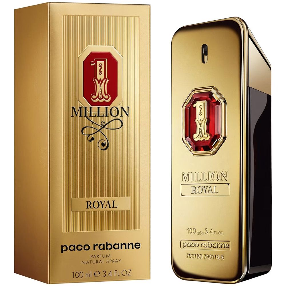 Goldfarbener Flakon und Box. Aufschrift "Million Royal" und "Paco Rabanne". Flakon mit rotem Emblem.