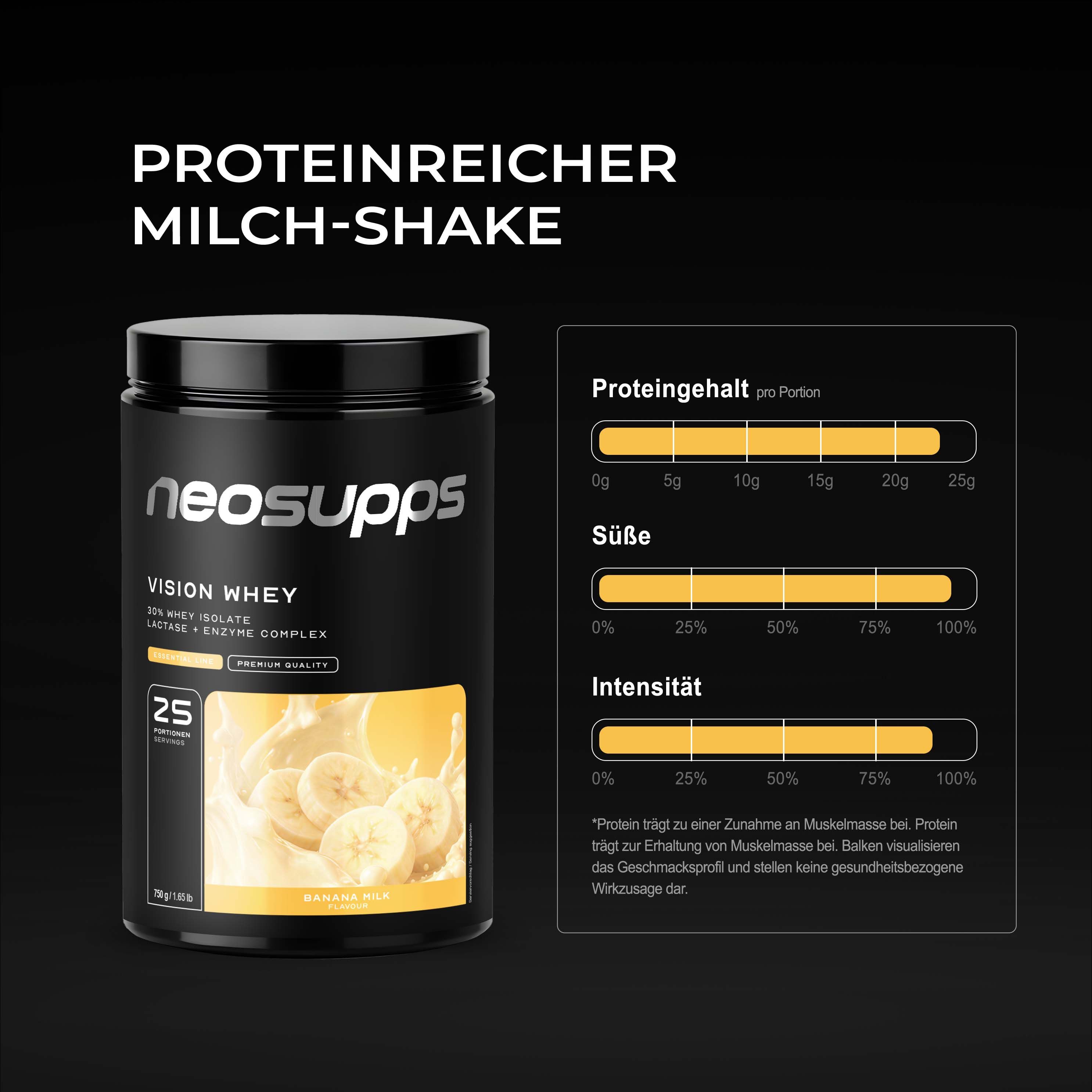 Neosupps Vision Whey Protein Dose mit Nährwertangaben und Bananen-Shake-Darstellung.