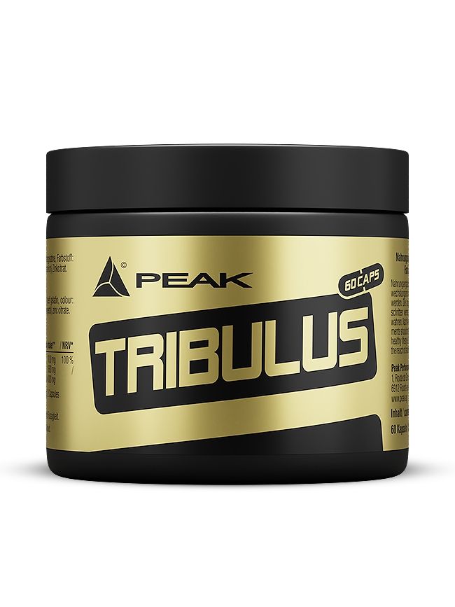 Schwarze Dose mit goldfarbenem Etikett. "PEAK" und "TRIBULUS" Schriftzug. "60 CAPS" auf der Dose.