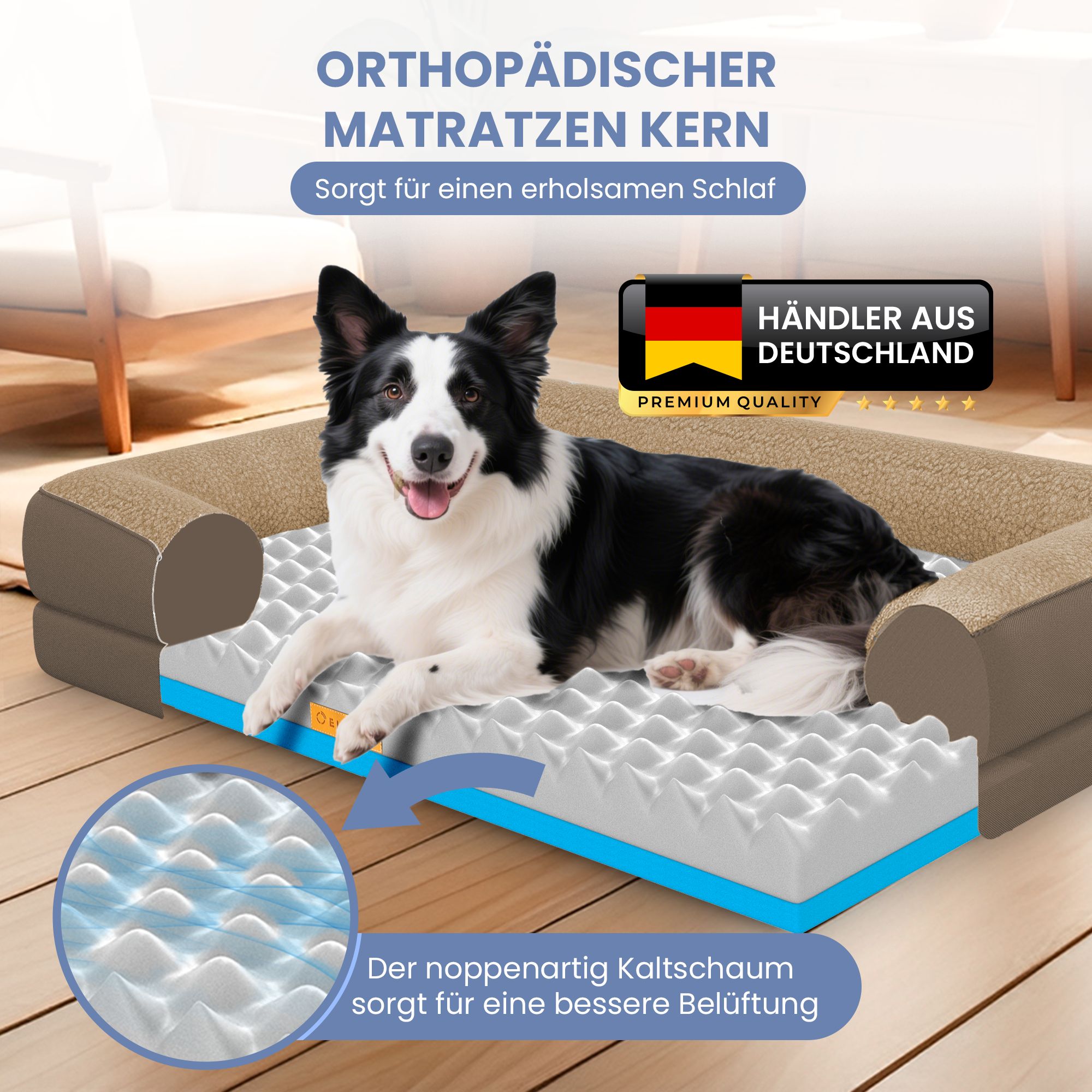 Orthopädisches Hundebett, braun. Mit Hund. Noppenartig Kaltschaum für bessere Belüftung. Logo und Text.