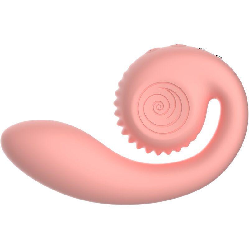 Rosa Wellness-Produkt mit spiralförmigem Design. Oberteil mit Rillen und drei Knöpfen. Unterteil gebogen.