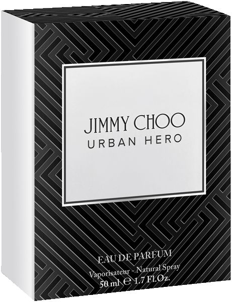 Schwarzer Karton mit weißem Textfeld. Text: Jimmy Choo Urban Hero, Eau de Parfum, 50 ml.
