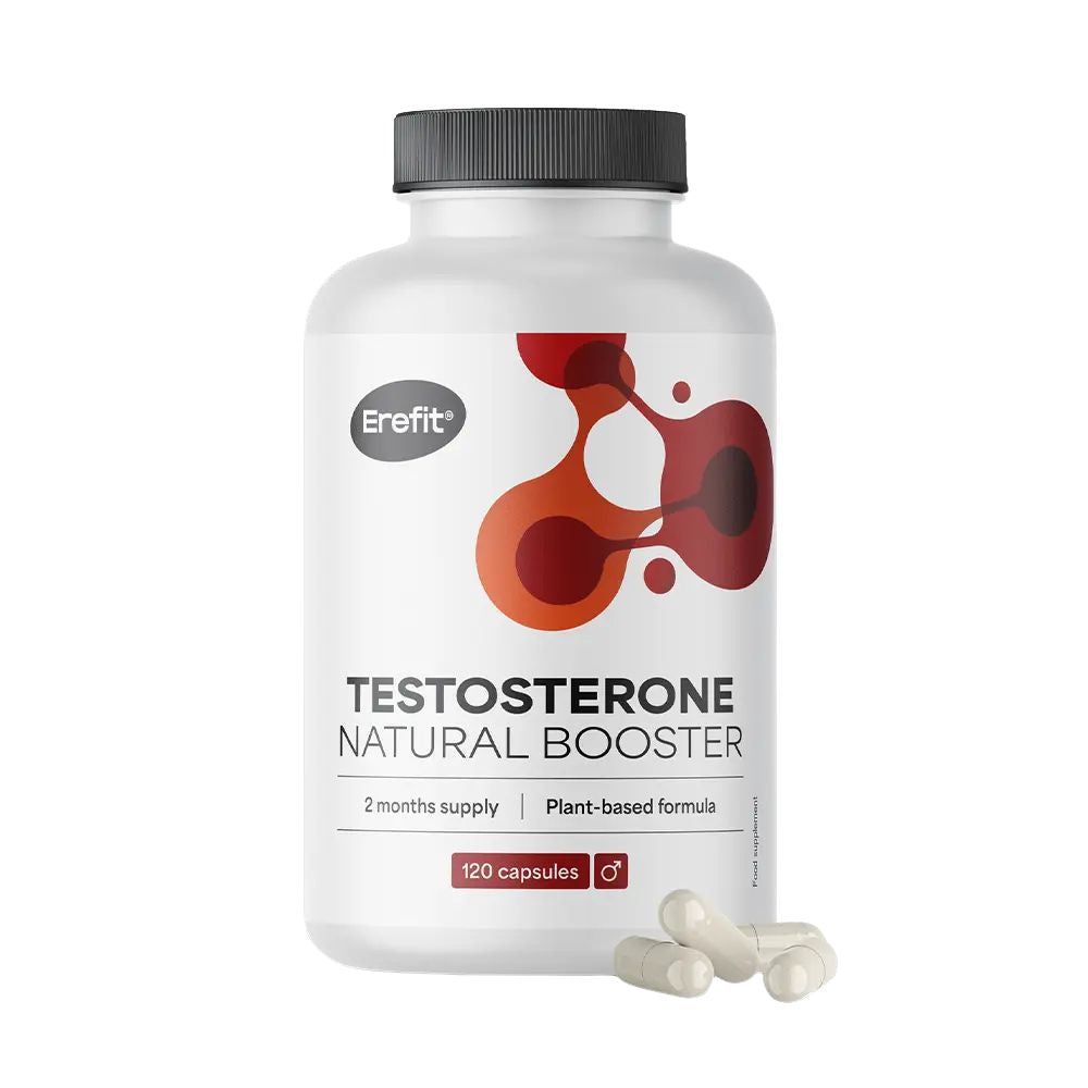 Weiße Flasche mit Kapseln. Aufschrift: Erefit, Testosterone Natural Booster, 120 Kapseln.