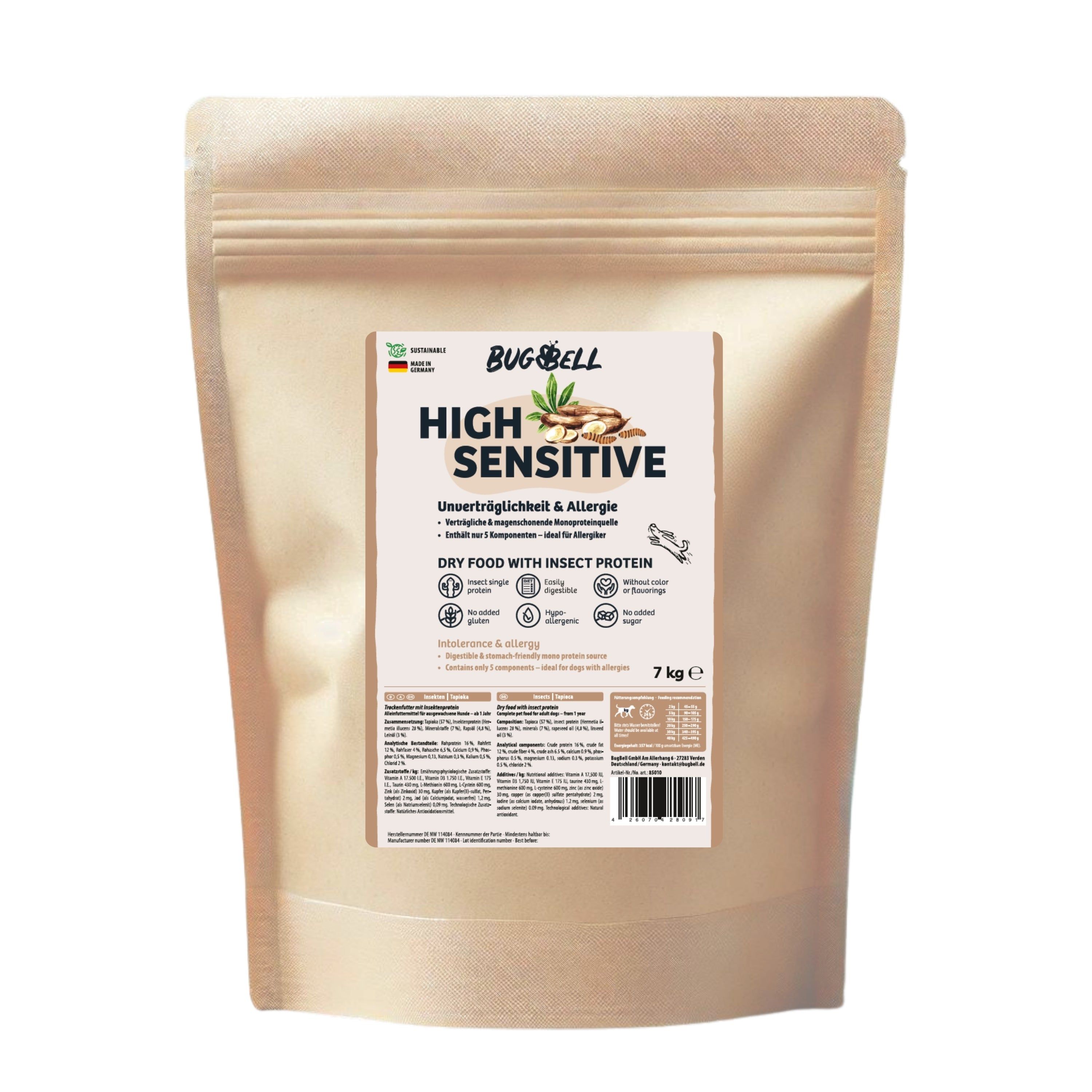 BugBell Trockenfutter HighSensitive - Unverträglichkeit & Allergie 7 kg Pellets