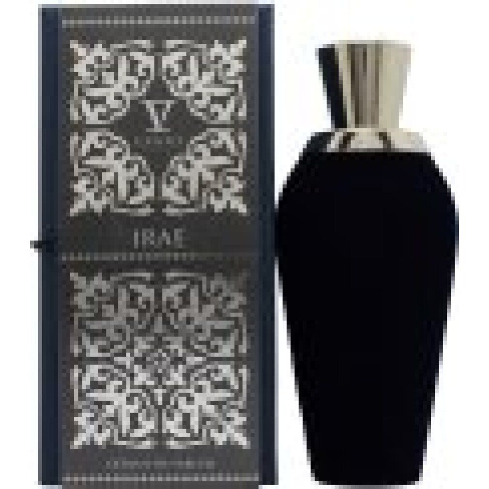 Dunkelblaue Parfumflasche und Schachtel. Goldfarbener Verschluss. Schachtel mit Muster und "V CANTO IRAE".