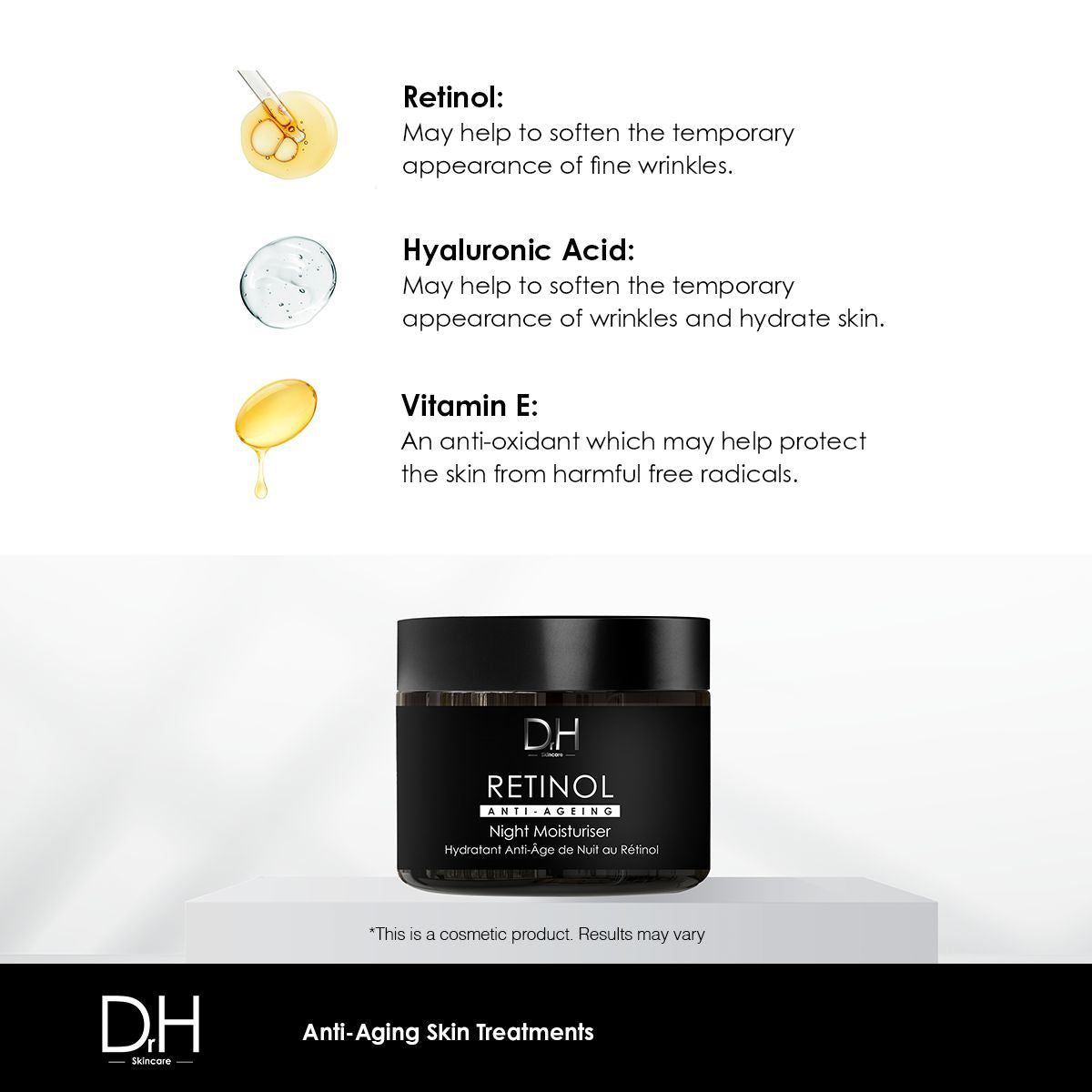 Schwarzer Tiegel mit 'Retinol Anti-Ageing Night Moisturiser'. Inhaltsstoffe: Retinol, Hyaluronsäure, Vitamin E. Marke: D.H.