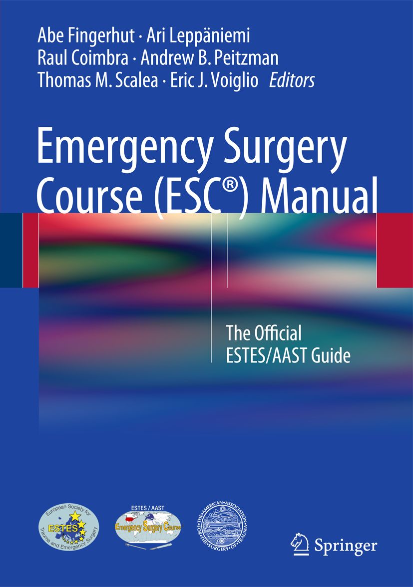 Buchcover: Emergency Surgery Course (ESC®) Manual. Autorennamen. Blauer Hintergrund mit Logos und Springer-Logo.
