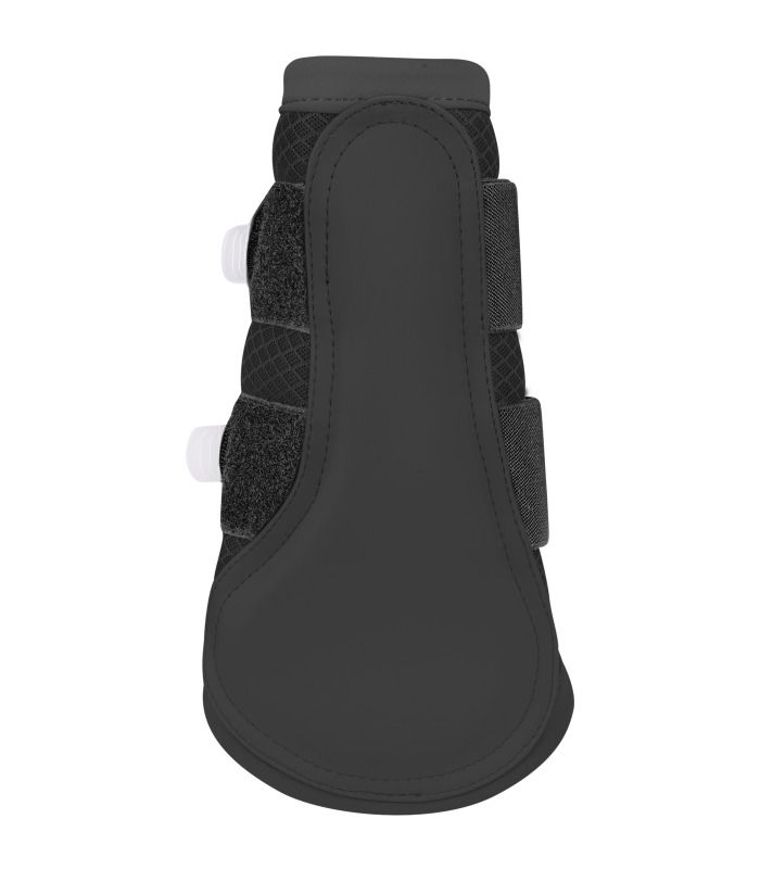Schwarze Dressurgamasche, Rückansicht. Klettverschlüsse und Mesh-Gewebe. Gepolsterte Bereiche für Schutz.