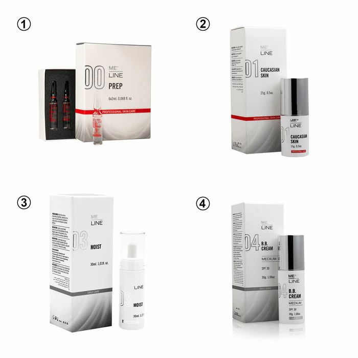 ME LINE Komplettpaket. Vier Produkte: Prep, Caucasian Skin, Moist, BB Cream Medium. Weiße Verpackungen mit Produktnamen und Inhaltsangaben.