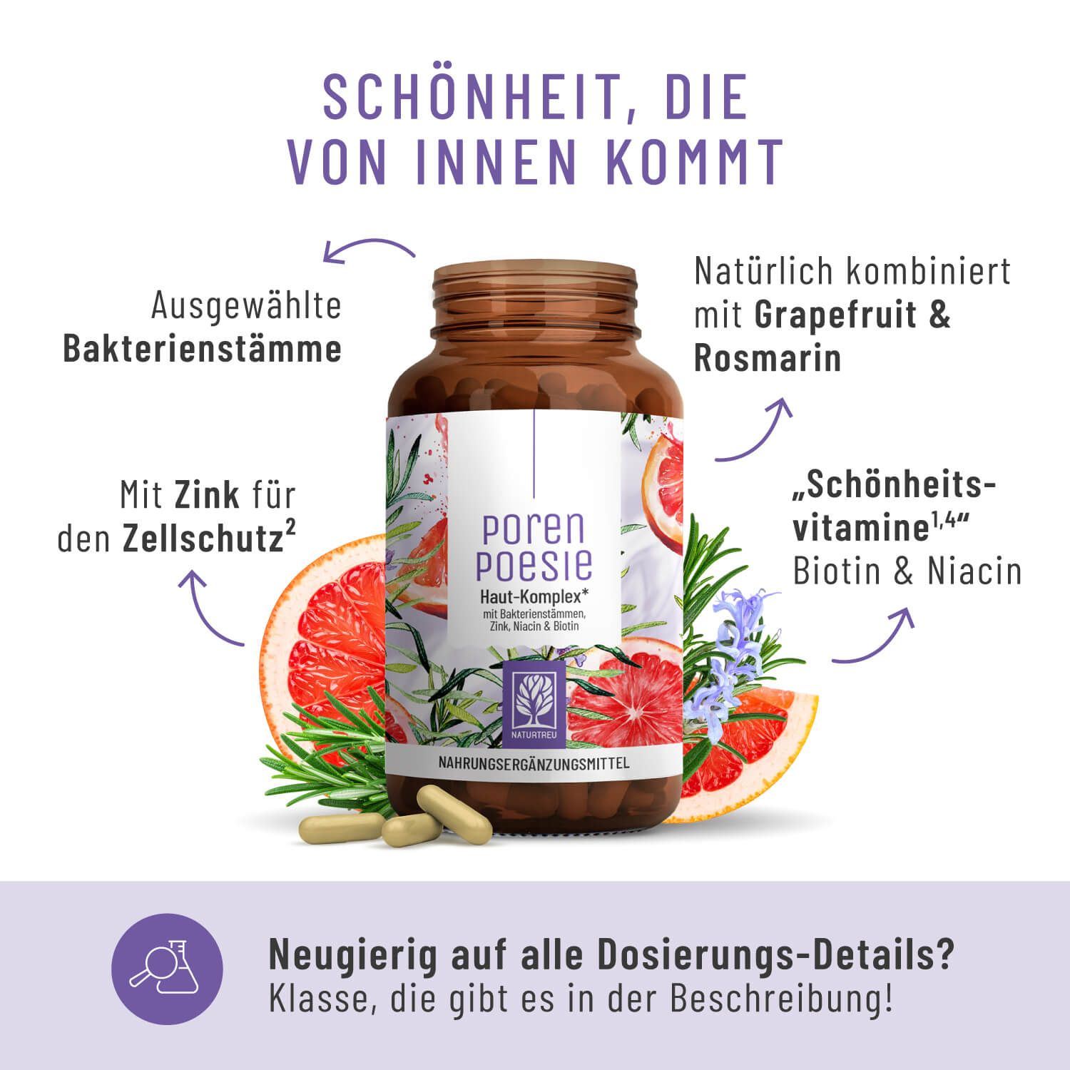 Braune Flasche mit Kapseln, umgeben von Grapefruit, Rosmarin und Hibiskus. Enthält Zink, Biotin und Niacin.