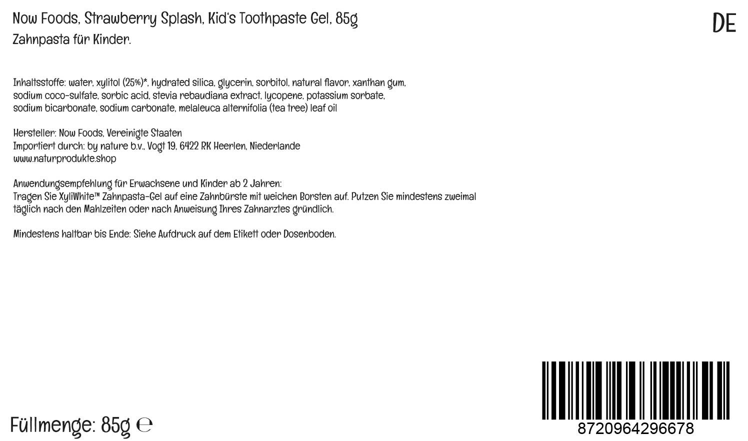 Etikett mit Produktinformationen. Text: Now Foods, Erdbeer-Zahnpasta für Kinder. Inhaltsstoffe, Anwendung, Barcode.