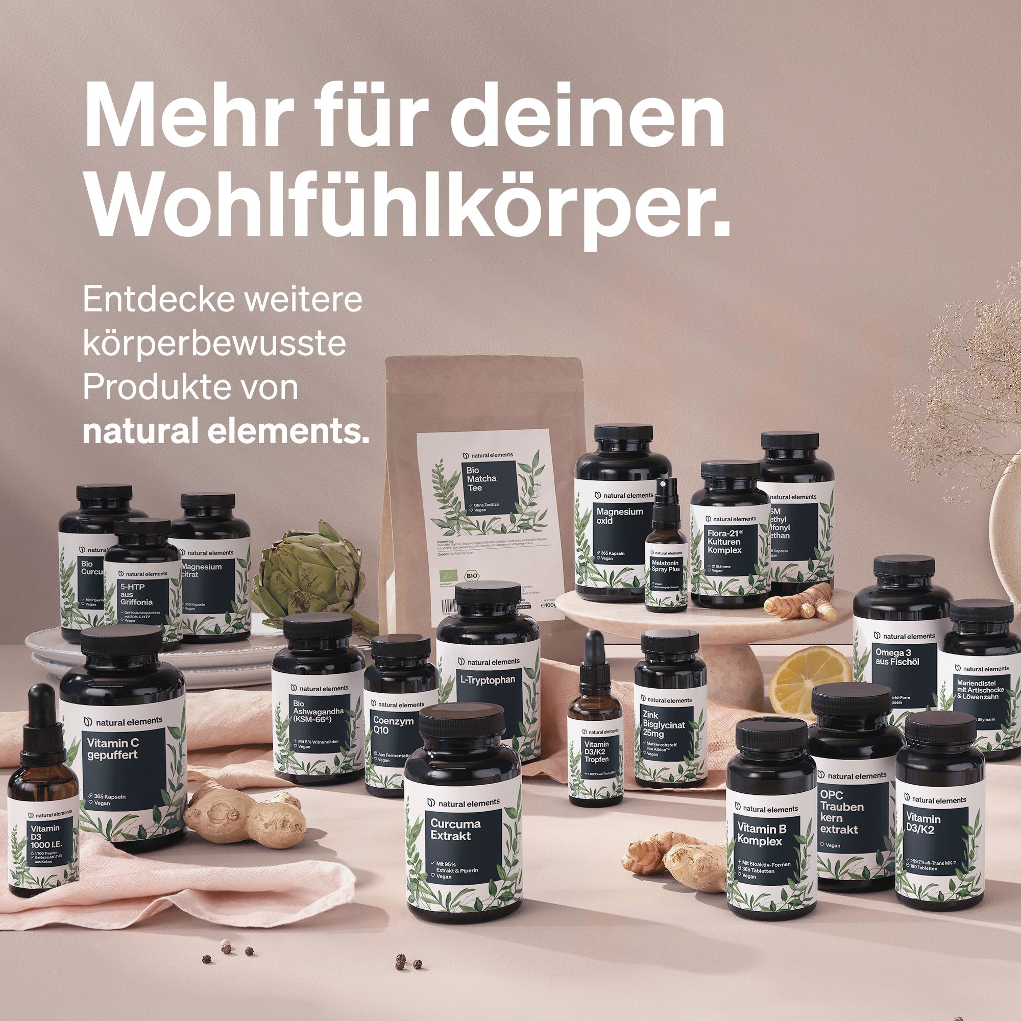Verschiedene Flaschen und Behälter mit Etiketten. Text: Mehr für deinen Wohlfühlkörper. Produkte von natural elements.