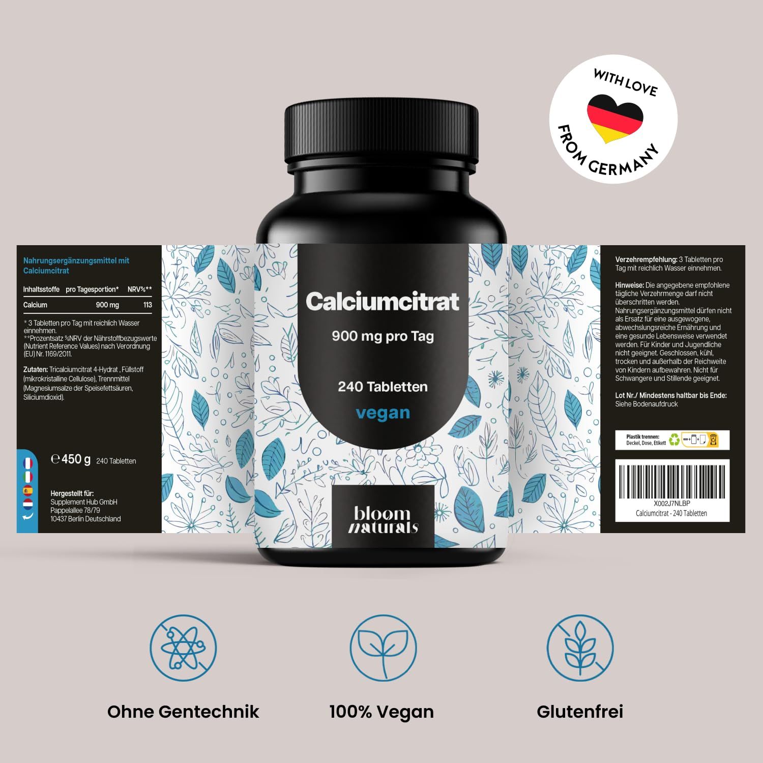 Calcium Hochdosiert - 240 Tabletten - 900mg pro Tag aus Calciumcitrat - Bloom Naturals®