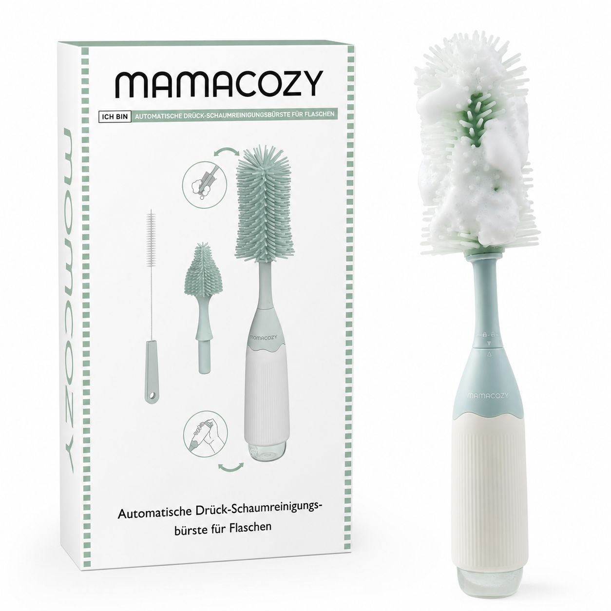 Momcozy Flaschenbürste mit Schaumtechnologie und Zubehör im Karton.
