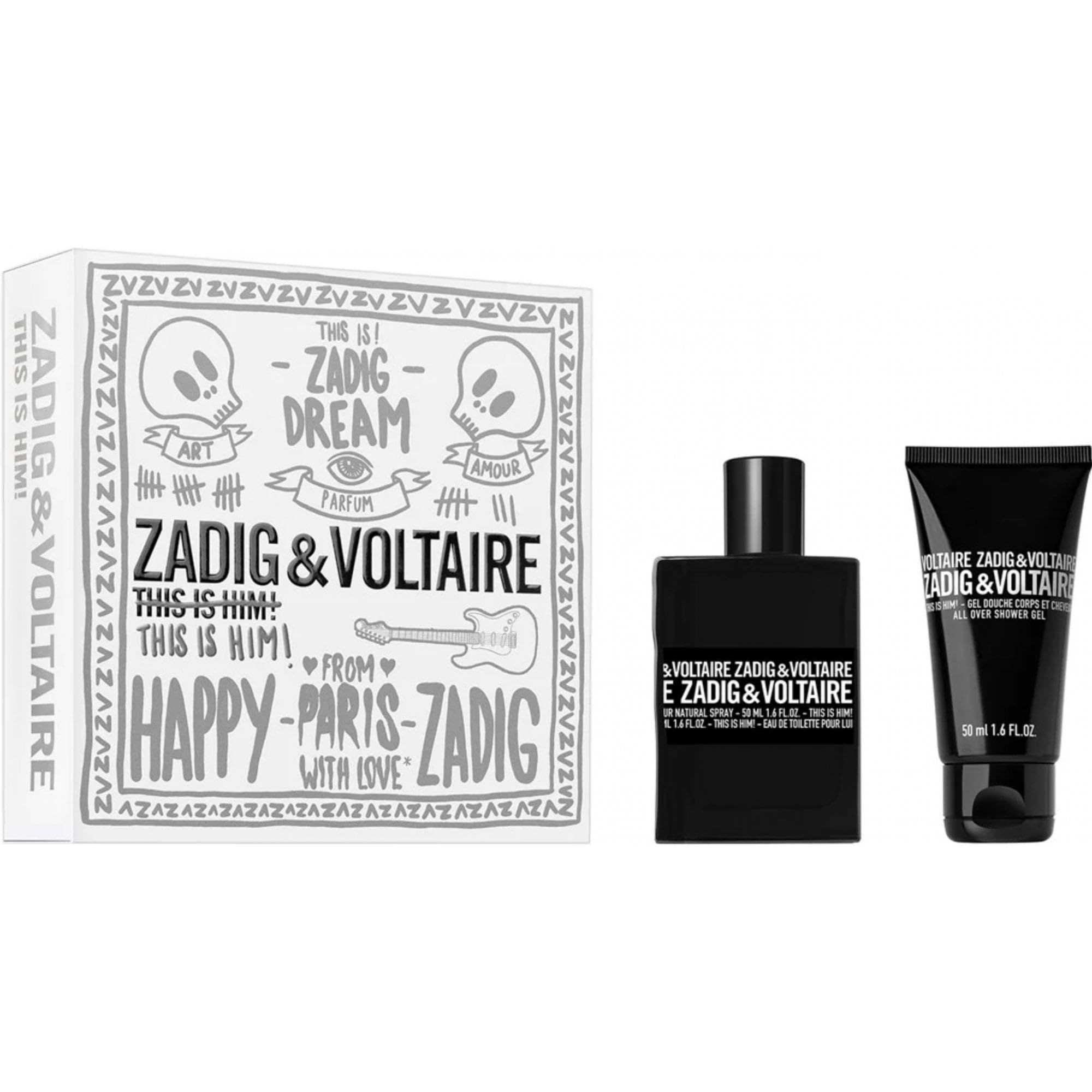 Zadig & Voltaire Geschenkset mit Eau de Toilette und Duschgel. Schwarze Flakons und Tube, weiße Geschenkbox mit Aufdruck.