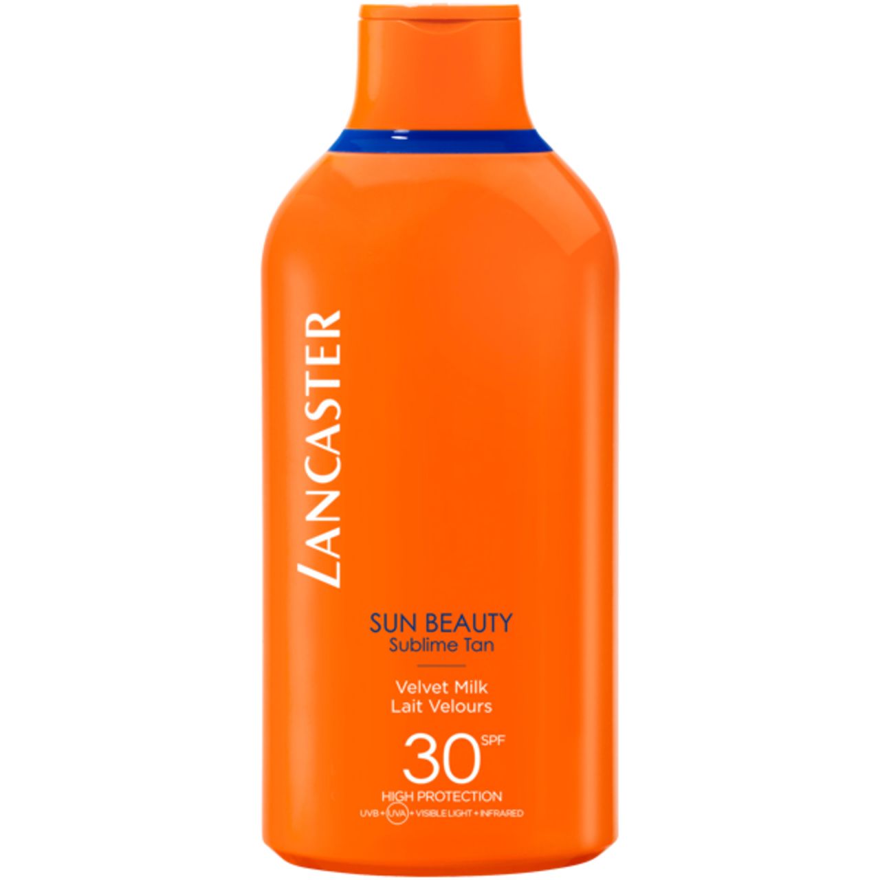 Orangefarbene Flasche mit Lancaster-Logo und Produktbezeichnung. Enthält SPF 30.