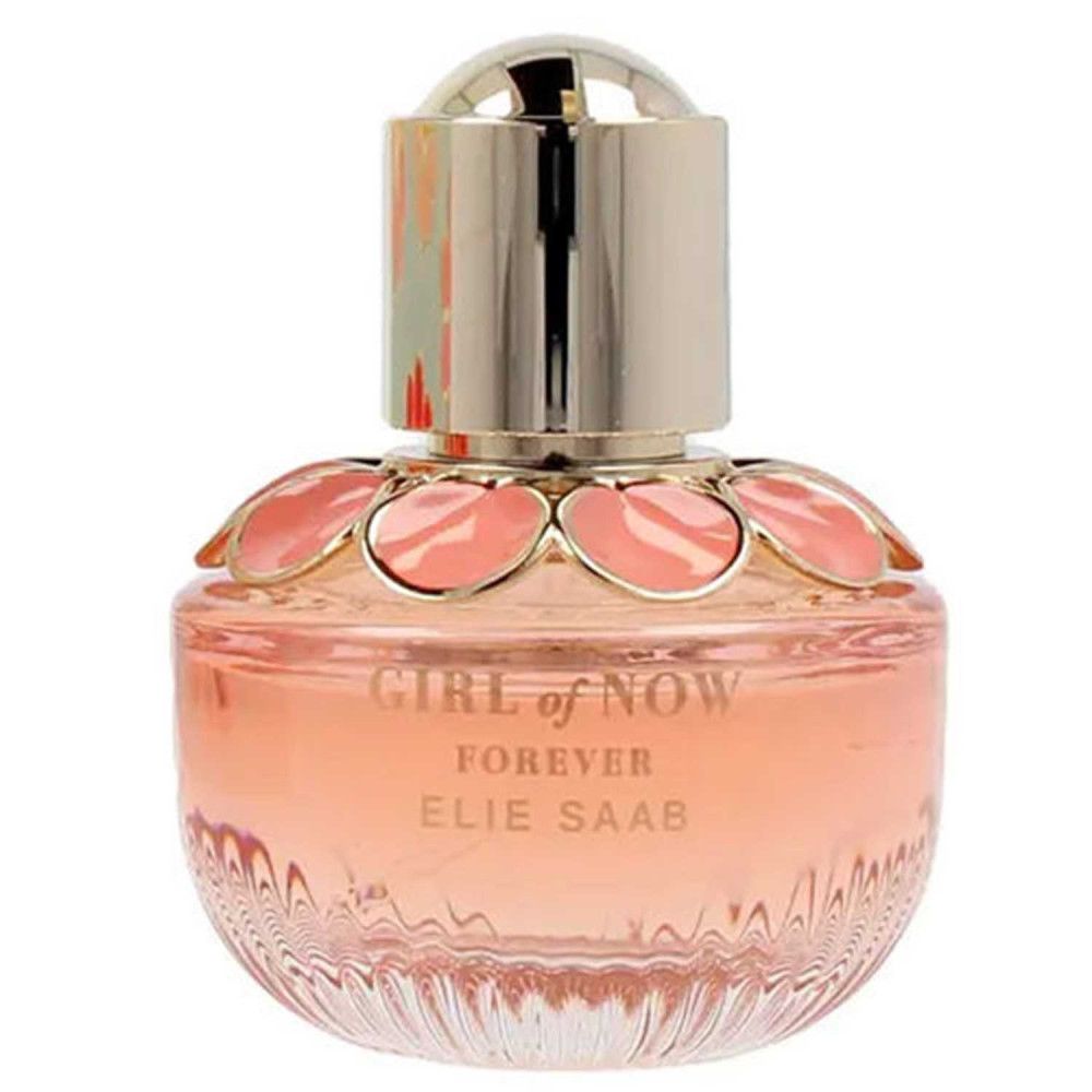 Parfümflakon. Rosa Flüssigkeit, goldener Deckel, Blütenverzierung. Text: Girl of Now Forever, Elie Saab. Geriffeltes Glas.