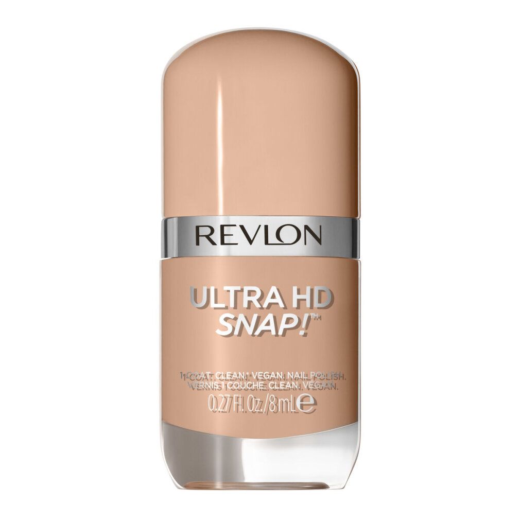 Nagellackflasche, beige. Marke Revlon, Ultra HD Snap!. Text: 0.27 fl.oz./8 ml. Vegan.