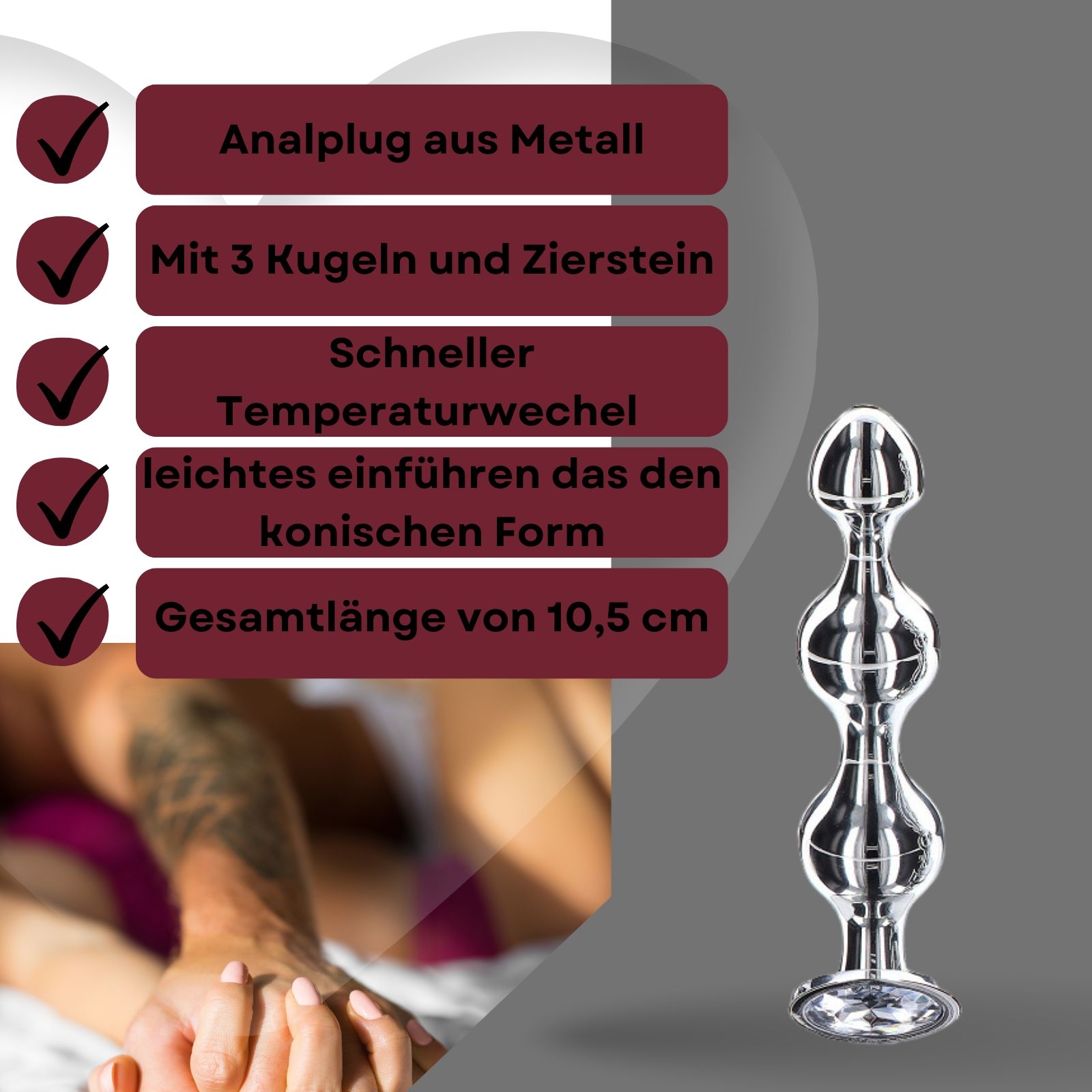 Produkt mit Text: Analplug aus Metall, 3 Kugeln und Zierstein, schneller Temperaturwechsel, konische Form, 10,5 cm Länge. Hintergrund: Paar.