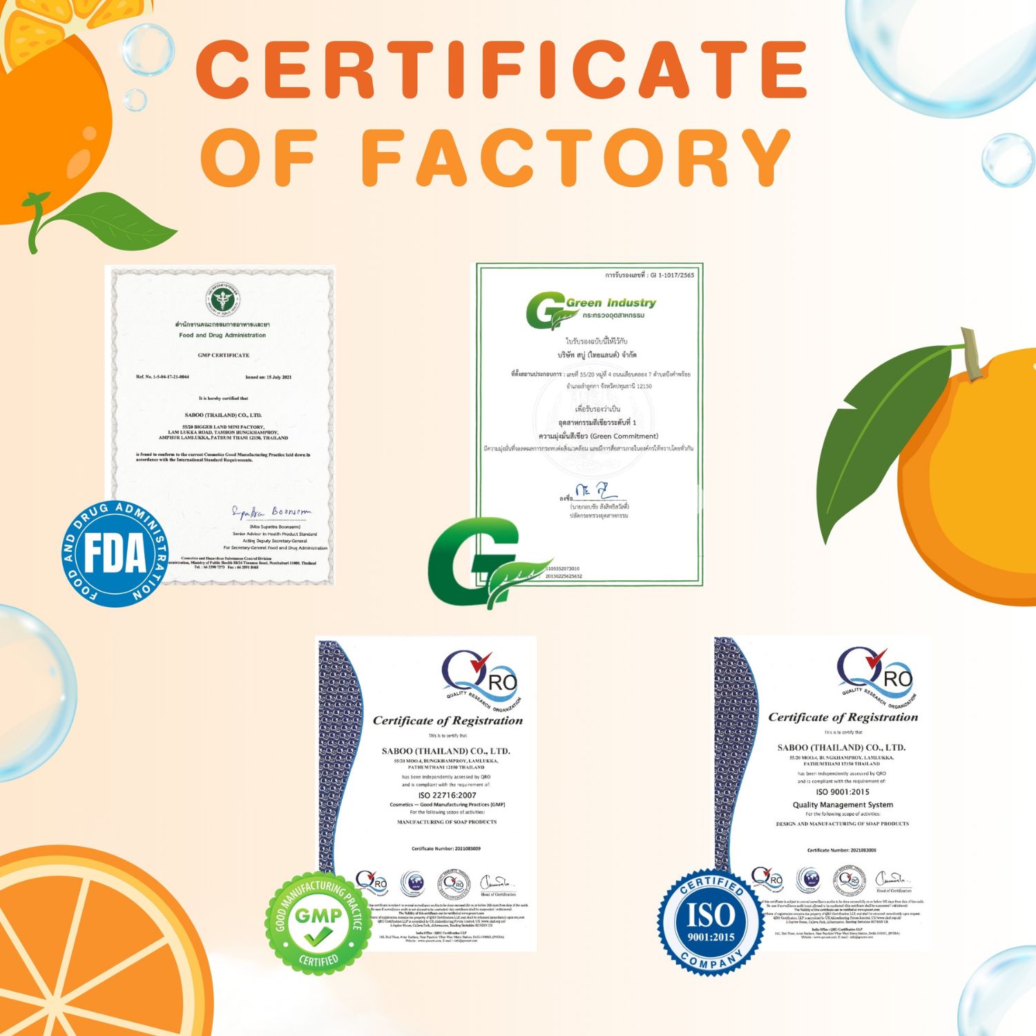 Zertifikate von SABOO. FDA, G-Zeichen, GMP, ISO 9001. Logos und Text.