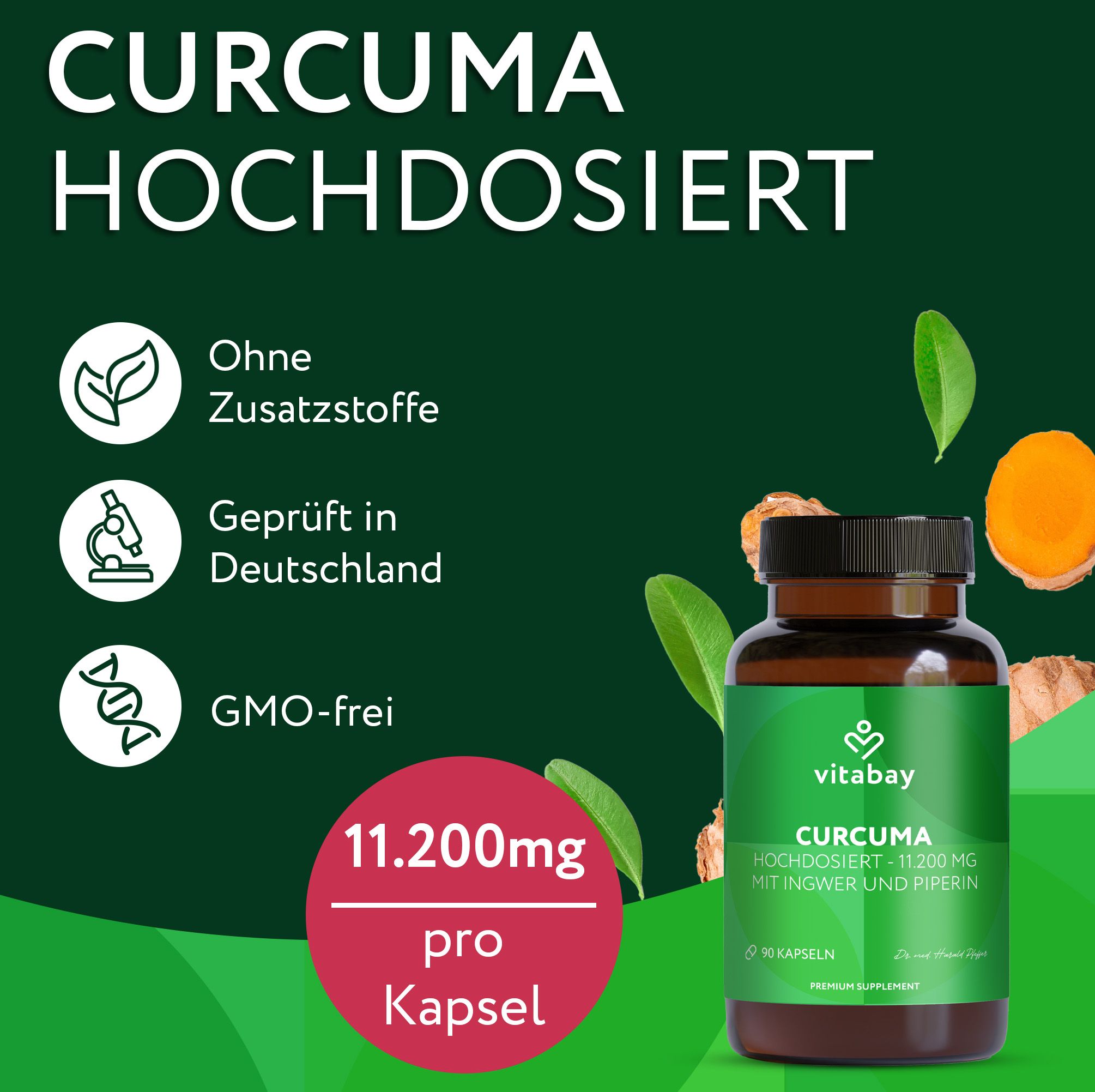 Braune Glasflasche mit grüner Beschriftung. Text: Curcuma Extrakt, 90 Kapseln, 11.200mg pro Kapsel. Vitabay Logo.