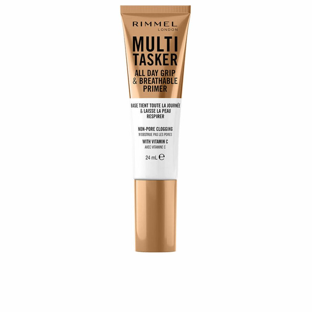 Rimmel London Multi Tasker Primer. Tube mit braunem Deckel und Schriftzug. Enthält Text in Englisch und Französisch. 24 ml.