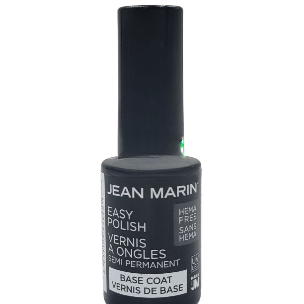 Nagellackflasche mit schwarzem Deckel. Aufschrift: Jean Marin, Easy Polish, HEMA Free, Base Coat. UV-LED.