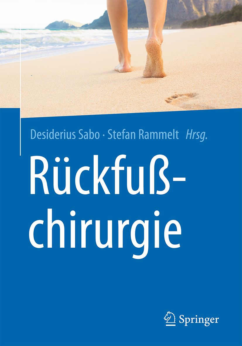 Buchcover mit blauem Hintergrund und Text: Rückfußchirurgie. Autoren: Desiderius Sabo, Stefan Rammelt. Springer-Logo.