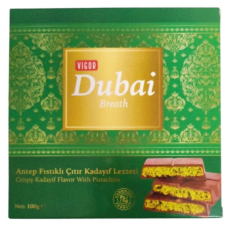 Grüne Schachtel mit goldfarbenem Etikett. Aufschrift "Vigor Dubai Breath". Darunter "Antep Fıstıklı Çıtır Kadayıf Lezzeti".