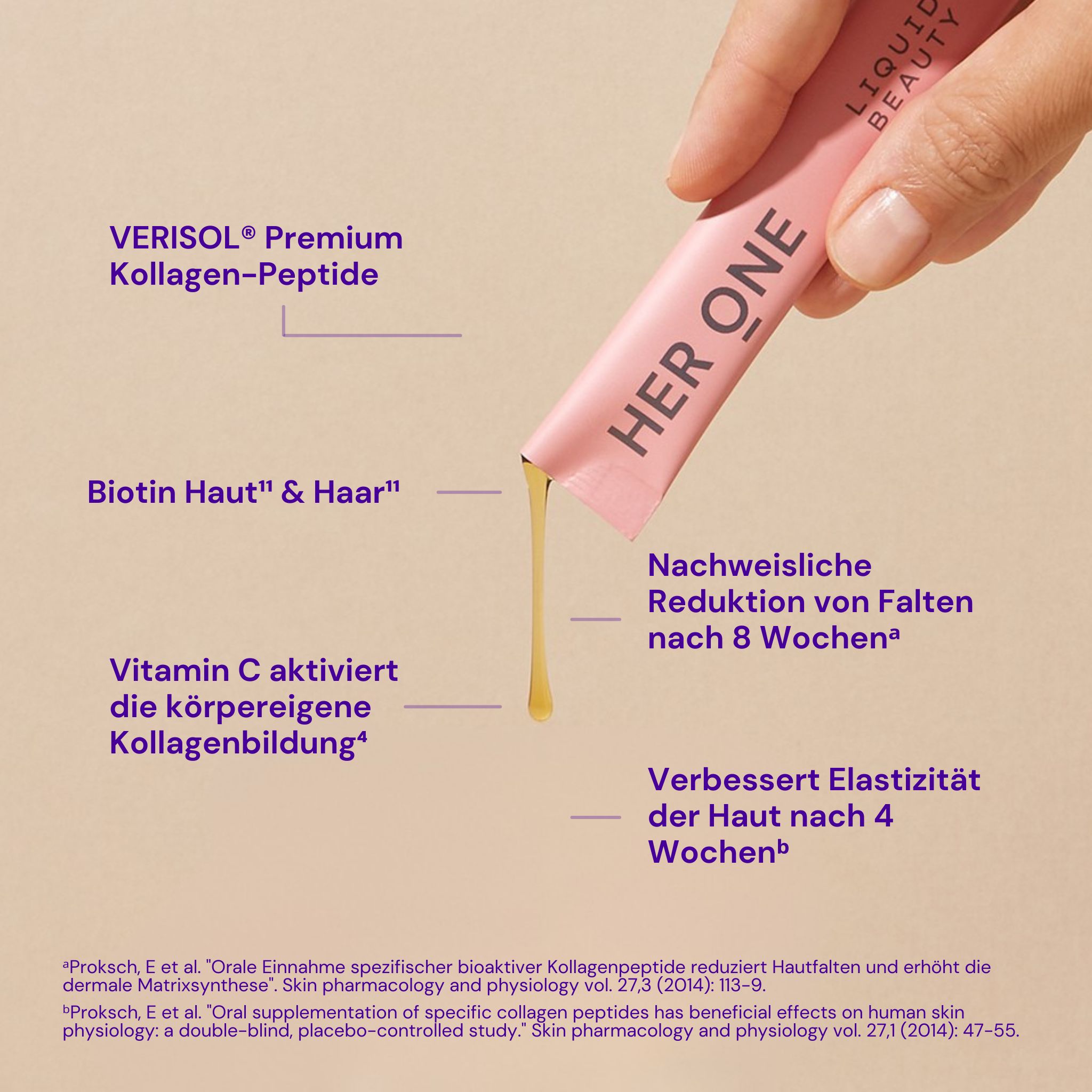 Nahaufnahme eines Sticks "HER ONE LIQUID BEAUTY". Text: VERISOL Kollagen-Peptide, Vitamin C, Biotin. Flüssigkeit tropft.