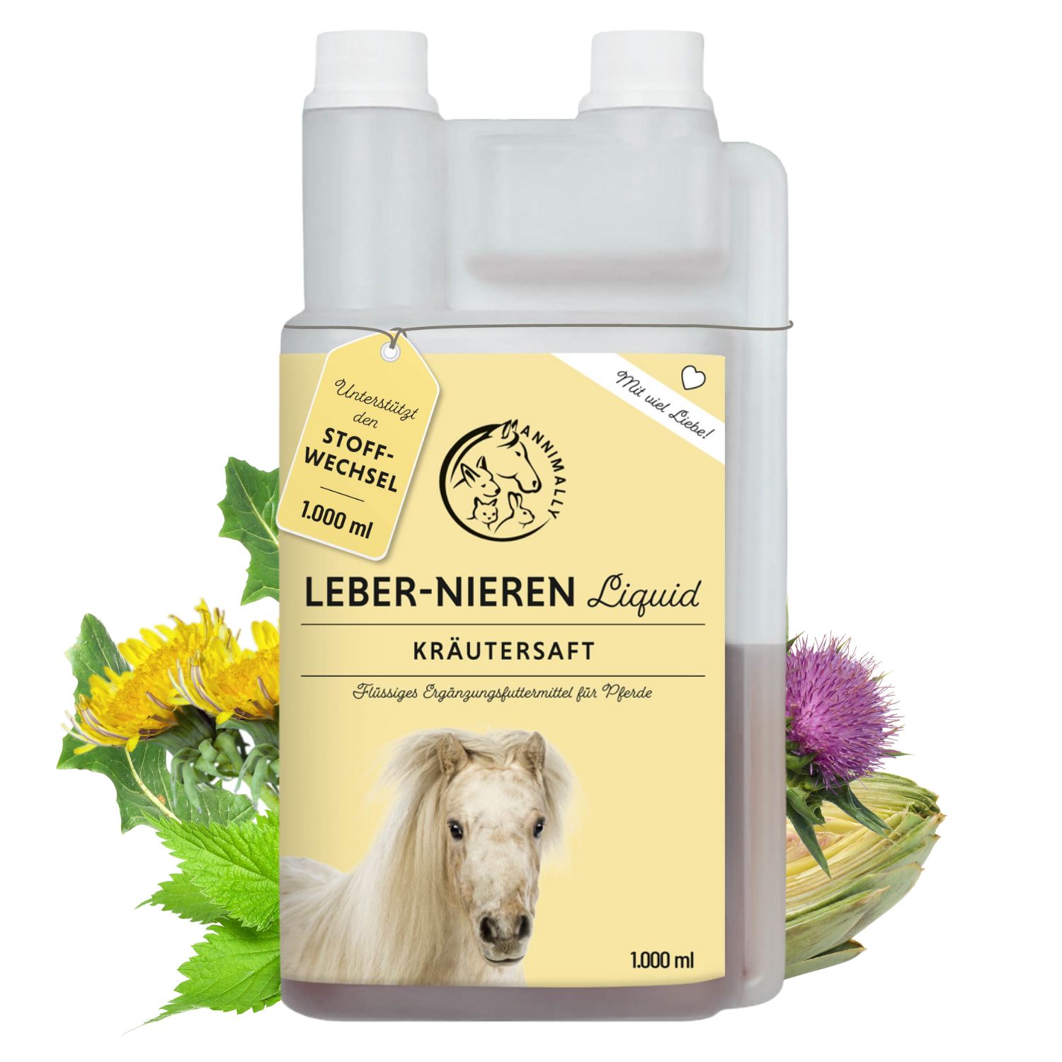 Leber-Nieren Liquid Kräutersaft Flasche. Etikett mit Produktnamen, Logo und Inhaltsangabe. Pflanzenabbildungen.