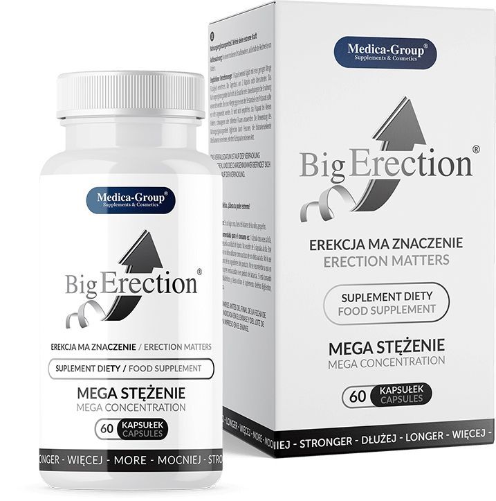 Flasche und Verpackung. Aufschrift "Big Erection", "Mega Stężenie", "60 Kapseln". Logo "Medica-Group".
