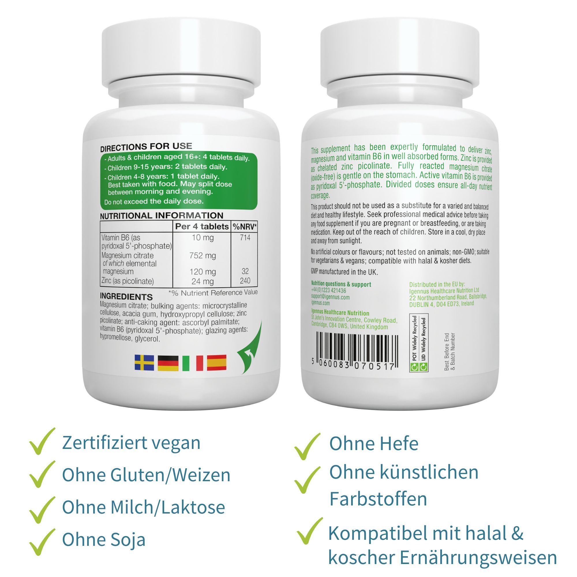 Zwei Flaschen mit Tabletten. Text: Zertifiziert vegan. Ohne Gluten/Weizen. Ohne Milch/Laktose. Ohne Soja. Ohne Hefe. Ohne künstliche Farbstoffe.