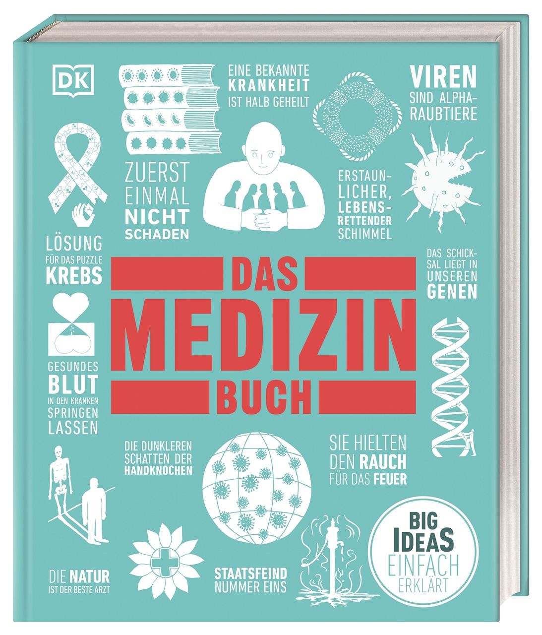 Buch "Das Medizin-Buch" mit blauem Cover. Titel in Rot. Illustrationen zu medizinischen Themen. "Big Ideas" Logo.