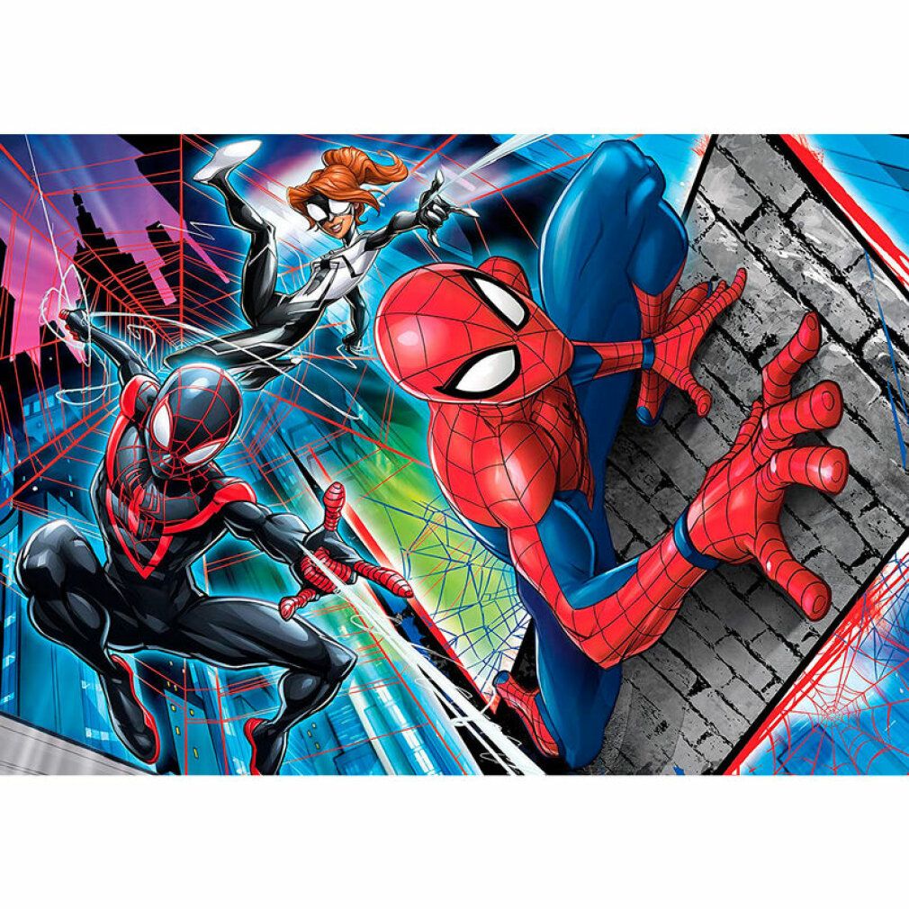 Spiderman-Puzzle mit 24 Teilen. Abbildung von Spiderman und anderen Figuren. Clementoni-Logo.