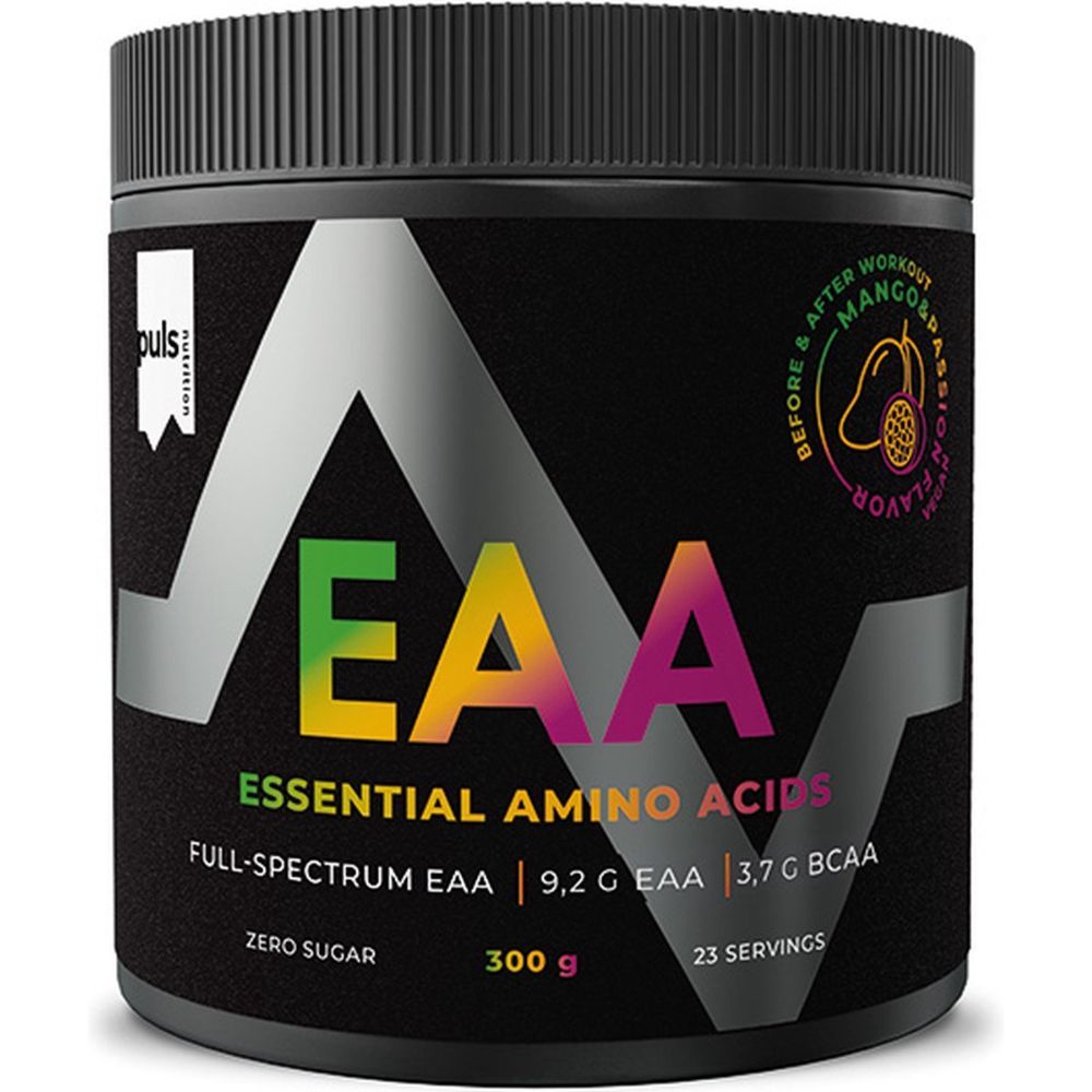 Schwarze Dose mit EAA-Aufschrift. Enthält essentielle Aminosäuren. Mango & Passionsfrucht-Geschmack. 300g, 23 Portionen. Zero Sugar.