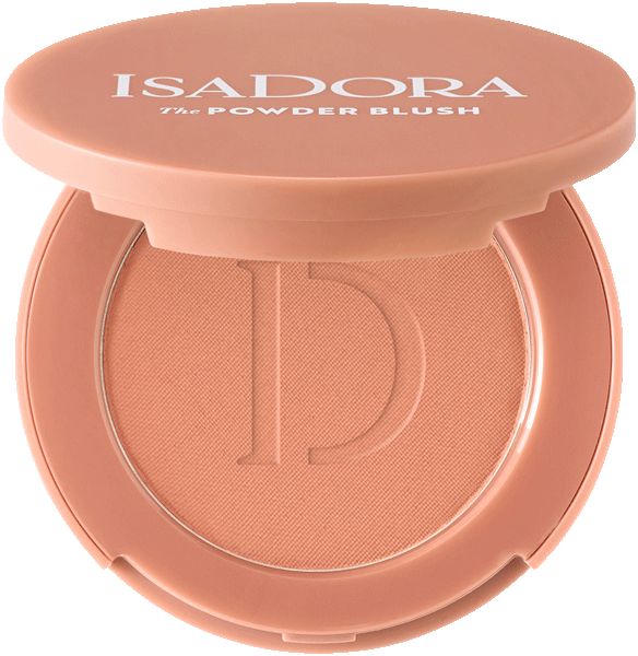 Geöffneter, runder IsaDora Powder Blush-Behälter. Rosa Puder mit geprägtem 'D'. Deckel mit Schriftzug.