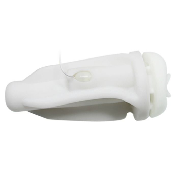 Weißer Masturbator. Geformt, mit einer Öffnung und einem kleinen Kabel.