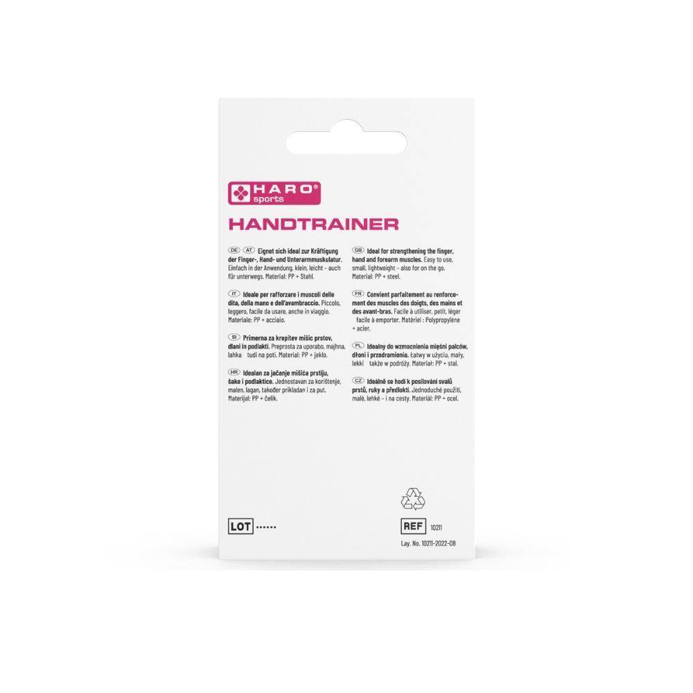 Rückseite der Haro Handtrainer Verpackung. Text in mehreren Sprachen. Logo und Produktname.