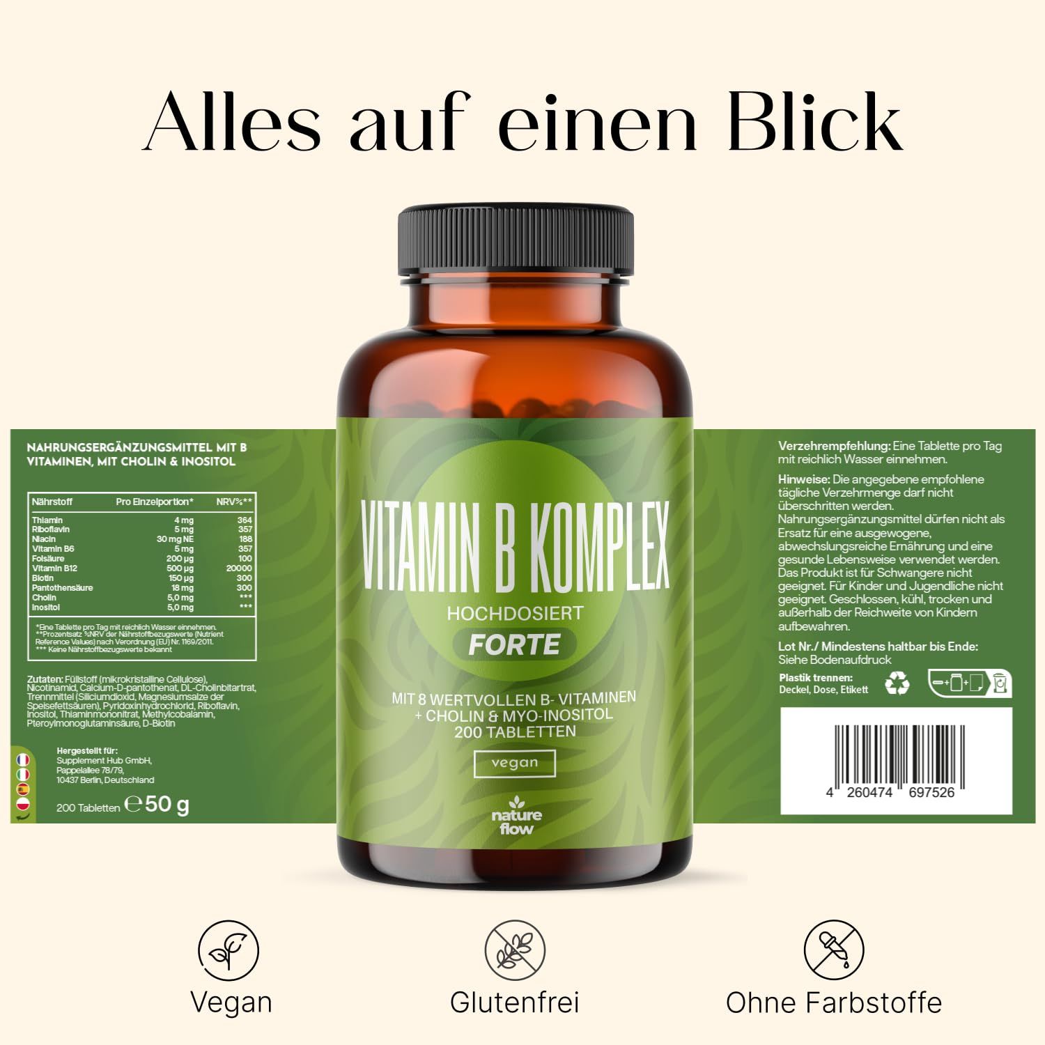 Flasche Vitamin B Komplex, 200 Tabletten. Etikett mit Nährwertangaben und Anwendungshinweisen.