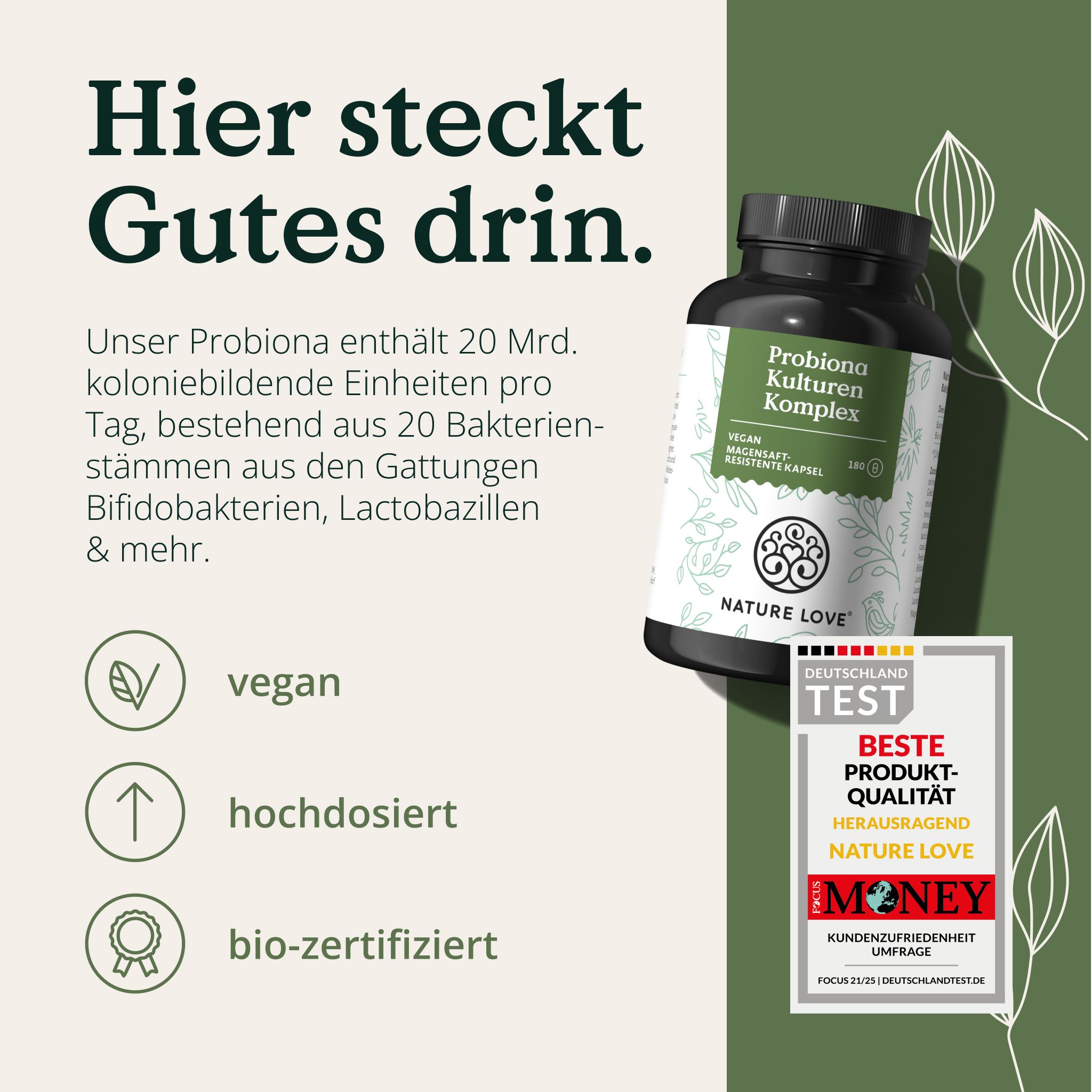 Produktflasche und Test-Siegel. Text: vegan, hochdosiert, bio-zertifiziert. Siegel: Beste Produkt-Qualität, herausragend.
