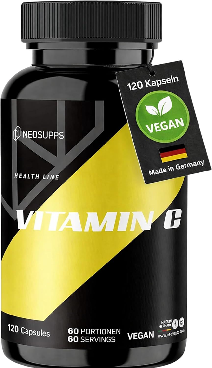 Schwarze Flasche mit gelbem Streifen und Aufschrift Vitamin C. Vegan-Siegel und 120 Kapseln. Made in Germany.