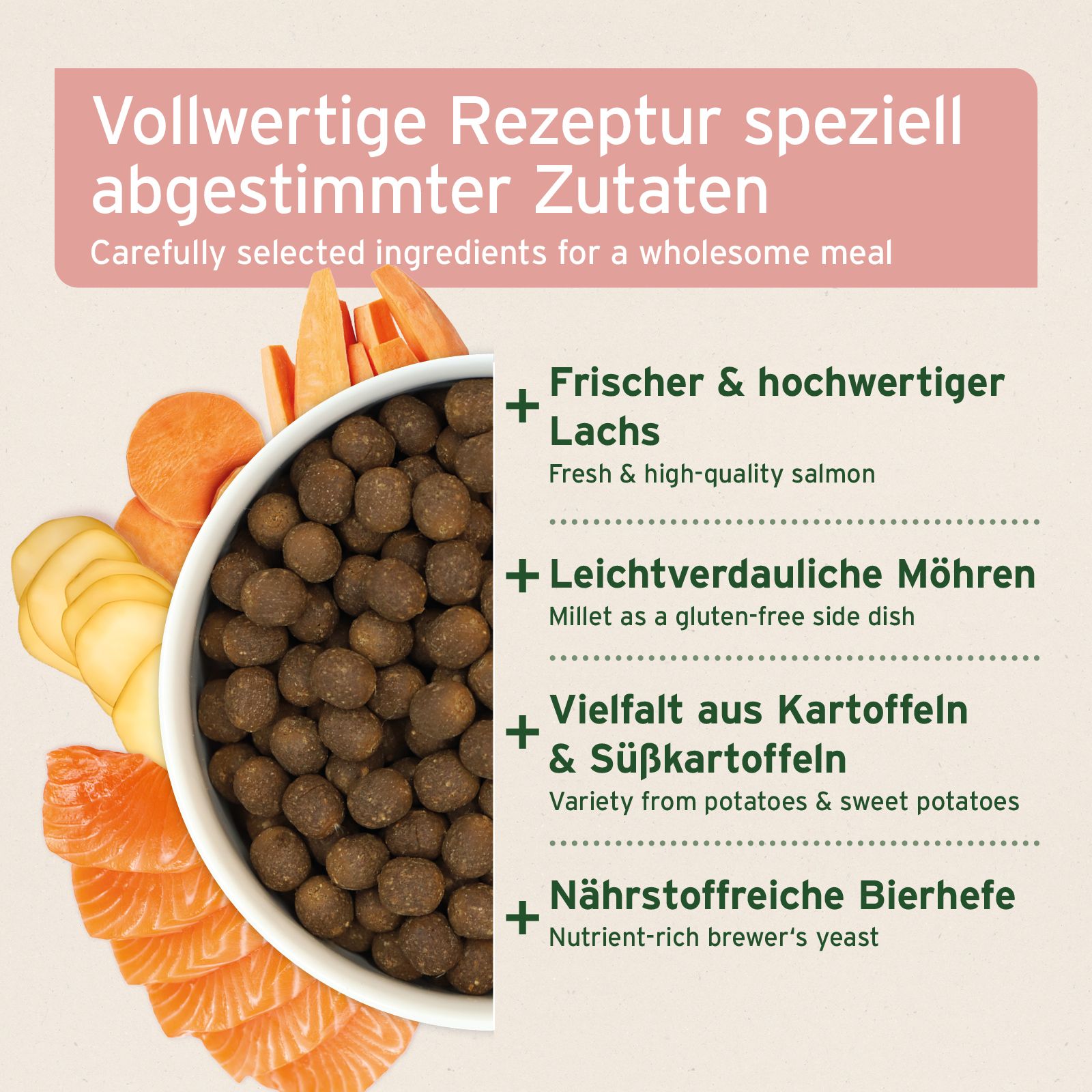 Nahaufnahme von Trockenfutter-Pellets in einer Schüssel. Zutaten: Lachs, Karotten, Kartoffeln, Süßkartoffeln, Bierhefe. Text.
