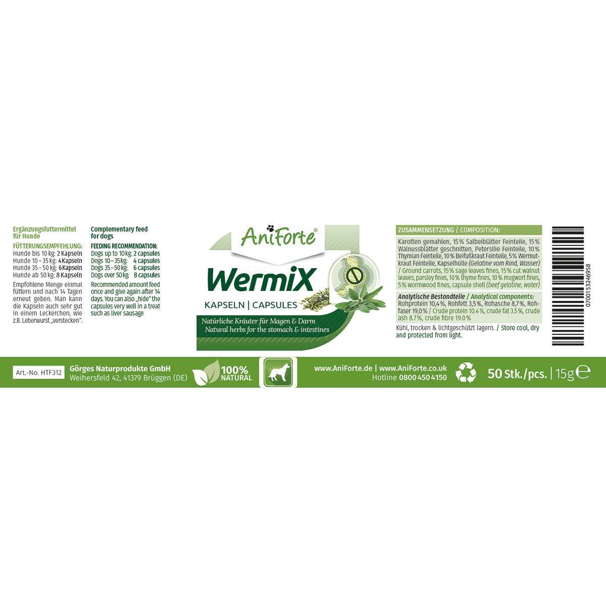 WermiX Kapseln für Hunde-Natürliche Kräuter für Magen und Darm - AniForte®