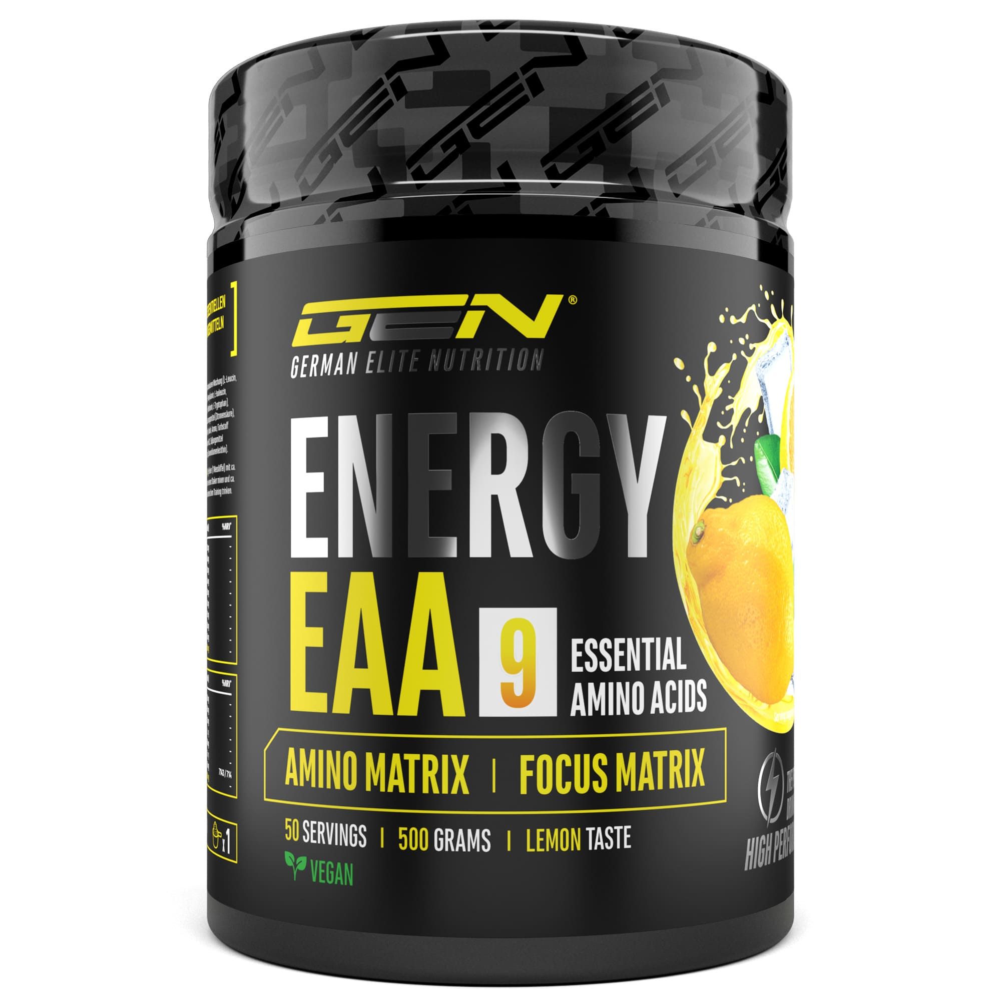 Schwarze Dose mit GEN Energy EAA. Aufschrift: Energy EAA 9, Aminosäuren, 50 Portionen, 500 Gramm, Zitronengeschmack, vegan.