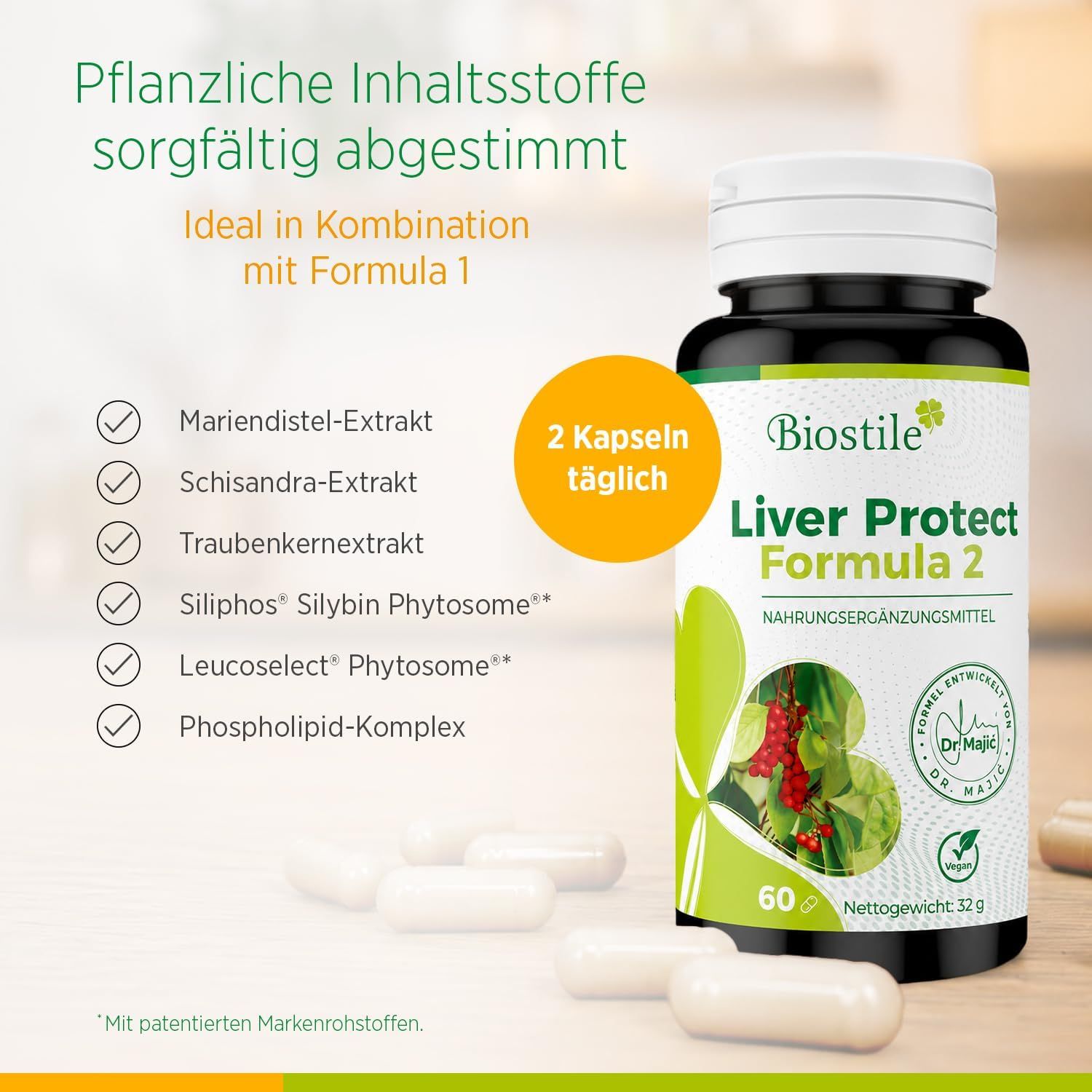 Biostile Liver Protect Formula 2 Nahrungsergänzungsmittel in dunkler Dose, 60 Kapseln, Nettogewicht 32g.