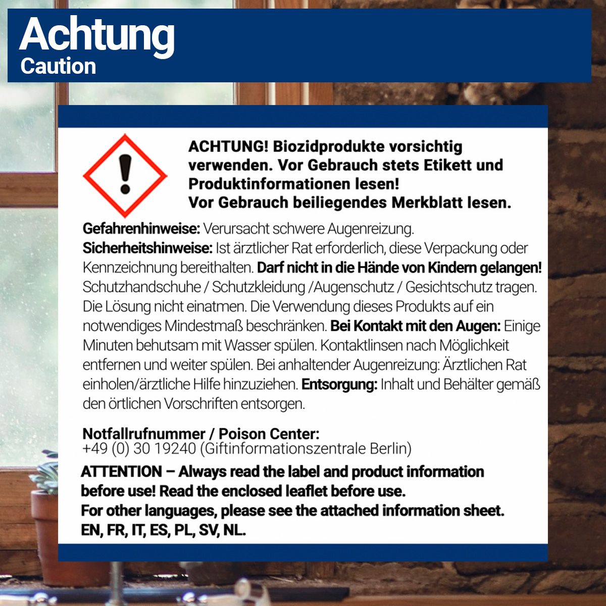 Warnhinweis-Aufkleber für Biozidprodukte mit Sicherheitshinweisen in Deutsch und Englisch.